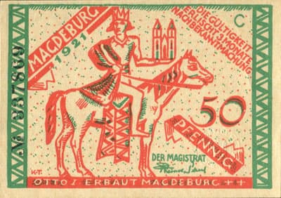 Notgeld Magdeburg (Sachsen-Anhalt - Allemagne) - 50 pfennige 1921 - s�rie C - n� 337869 - Die Magdeburger halbkugeln untrennbar verbunden b�rgermeister von Guericke hat sie erfunden. - dos
