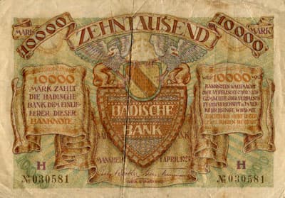 Notgeld Mannheim (Baden-W�rttemberg - Allemagne) - 10&nbsp;000&nbsp;mark - 1&nbsp;avril&nbsp;1923 - s�rie&nbsp;H - n�&nbsp;030581 - face