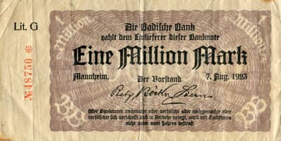Notgeld Mannheim (Baden-W�rttemberg - Allemagne) - 1&nbsp;000&nbsp;000&nbsp;mark - 7&nbsp;ao�t&nbsp;1923 - s�rie&nbsp;G - n�&nbsp;48750 - face
