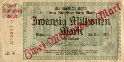 Notgeld Mannheim (Baden-W�rttemberg - Allemagne) - 2&nbsp;000&nbsp;000&nbsp;000&nbsp;mark surcharg� sur 20&nbsp;000&nbsp;000&nbsp;mark - 25&nbsp;septembre&nbsp;1923 - s�rie&nbsp;V - n�&nbsp;29052 - face
