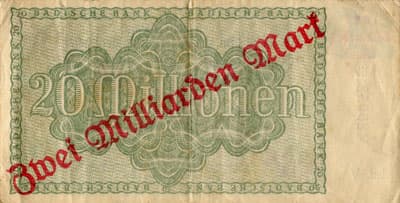 Notgeld Mannheim (Baden-W�rttemberg - Allemagne) - 2&nbsp;000&nbsp;000&nbsp;000&nbsp;mark surcharg� sur 20&nbsp;000&nbsp;000&nbsp;mark - 25&nbsp;septembre&nbsp;1923 - s�rie&nbsp;V - n�&nbsp;29052 - dos
