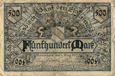 Notgeld Mannheim (Baden-W�rttemberg - Allemagne) - 500&nbsp;mark - 1&nbsp;ao�t&nbsp;1922 - n�&nbsp;98079 - face