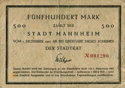 Notgeld Mannheim (Baden-W�rttemberg - Allemagne) - 500&nbsp;mark - 1&nbsp;d�cembre&nbsp;1922 - n�&nbsp;001290 - face