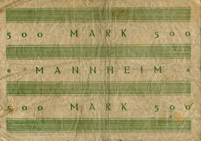 Notgeld Mannheim (Baden-W�rttemberg - Allemagne) - 500&nbsp;mark - 1&nbsp;d�cembre&nbsp;1922 - n�&nbsp;001290 - dos