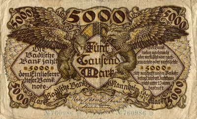 Notgeld Mannheim (Baden-W�rttemberg - Allemagne) - 5&nbsp;000&nbsp;mark - 1&nbsp;d�cembre&nbsp;1922 - n�&nbsp;760986 - face