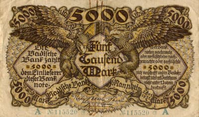 Notgeld Mannheim (Baden-W�rttemberg - Allemagne) - 5&nbsp;000&nbsp;mark - 1&nbsp;d�cembre&nbsp;1922 - s�rie&nbsp;A - n�&nbsp;115520 - face