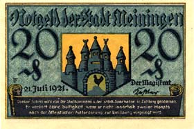 Notgeld Meiningen (Sachsen-Meiningen - Allemagne) - 20 pfennige - �mission du 21 juillet 1921 - face