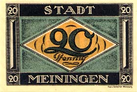 Notgeld Meiningen (Sachsen-Meiningen - Allemagne) - 20 pfennige - �mission du 21 juillet 1921 - dos