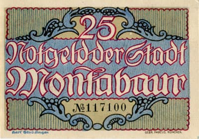 Notgeld der Stadt Montabaur - 25 pfennige - n�&nbsp;117100 - 1 d�cembre 1920 - dos