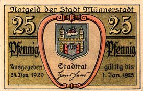 Notgeld M�nnerstadt (Bayern - Allemagne) - 25 pfennige - �mission du 24 d�cembre 1920 - dos