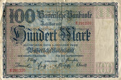 Notgeld M�nchen (Bayern - Allemagne) - Bayerische Notenbank - 100&nbsp;mark - 1&nbsp;janvier&nbsp;1922 - s�rie&nbsp;E - n�&nbsp;291220 - face