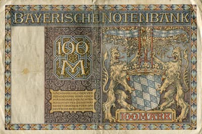 Notgeld M�nchen (Bayern - Allemagne) - Bayerische Notenbank - 100&nbsp;mark - 1&nbsp;janvier&nbsp;1922 - s�rie&nbsp;E - n�&nbsp;291220 - dos
