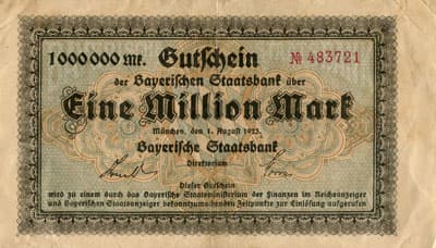 Notgeld M�nchen (Bayern - Allemagne) - Gutschein der Bayerischen Staatsbank - 1&nbsp;000&nbsp;000&nbsp;mark - 1&nbsp;ao�t&nbsp;1923 - n�&nbsp;483721 - face