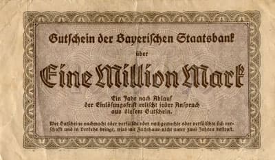 Notgeld M�nchen (Bayern - Allemagne) - Gutschein der Bayerischen Staatsbank - 1&nbsp;000&nbsp;000&nbsp;mark - 1&nbsp;ao�t&nbsp;1923 - n�&nbsp;483721 - dos