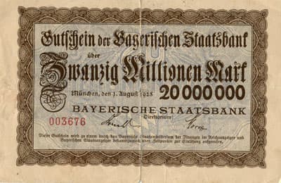Notgeld M�nchen (Bayern - Allemagne) - Gutschein der Bayerischen Staatsbank - 20&nbsp;000&nbsp;000&nbsp;mark - 1&nbsp;ao�t&nbsp;1923 - n�&nbsp;003676 - face