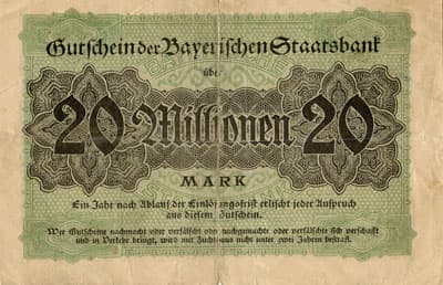 Notgeld M�nchen (Bayern - Allemagne) - Gutschein der Bayerischen Staatsbank - 20&nbsp;000&nbsp;000&nbsp;mark - 1&nbsp;ao�t&nbsp;1923 - n�&nbsp;003676 - dos