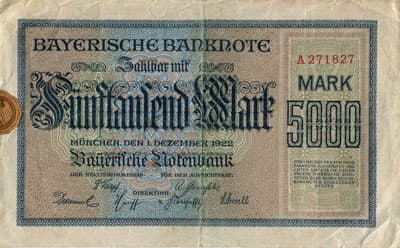 Notgeld M�nchen (Bayern - Allemagne) - Bayerische Notenbank - 5&nbsp;000&nbsp;mark - 1&nbsp;d�cembre&nbsp;1922 - s�rie&nbsp;A - n�&nbsp;271827 - face