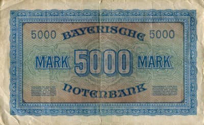 Notgeld M�nchen (Bayern - Allemagne) - Bayerische Notenbank - 5&nbsp;000&nbsp;mark - 1&nbsp;d�cembre&nbsp;1922 - s�rie&nbsp;A - n�&nbsp;271827 - dos
