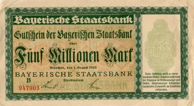 Notgeld M�nchen (Bayern - Allemagne) - Gutschein der Bayerischen Staatsbank - 5&nbsp;000&nbsp;000&nbsp;mark - 1&nbsp;ao�t&nbsp;1923 - s�rie&nbsp;B - n�&nbsp;947903 - face