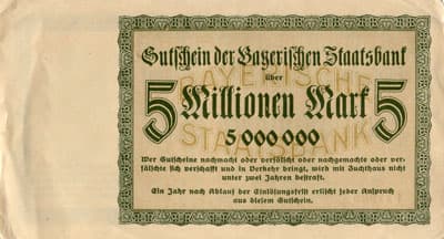 Notgeld M�nchen (Bayern - Allemagne) - Gutschein der Bayerischen Staatsbank - 5&nbsp;000&nbsp;000&nbsp;mark - 1&nbsp;ao�t&nbsp;1923 - s�rie&nbsp;B - n�&nbsp;947903 - dos