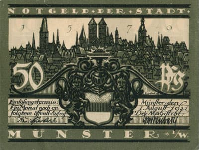Notgeld der Stadt M�nster - 50 pfennige - Blick auf Lamberti - 1 ao�t 1921 - face