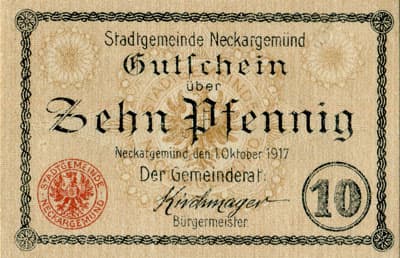Notgeld der Stadtgemeinde Neckargem�nd - 10&nbsp;pfennige - 1&nbsp;octobre&nbsp;1917 - face