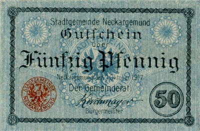 Notgeld der Stadtgemeinde Neckargem�nd - 50&nbsp;pfennige - 1&nbsp;octobre&nbsp;1917 - face