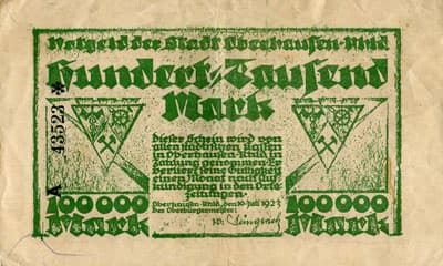 Notgeld der Stadt Oberhausen-Rheinland (Nordrhein-Westfalen - Allemagne) - 100&nbsp;000&nbsp;mark - 10&nbsp;juillet&nbsp;1923 - s�rie&nbsp;A - n�&nbsp;43523 - face