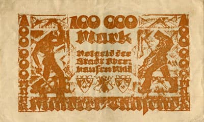 Notgeld der Stadt Oberhausen-Rheinland (Nordrhein-Westfalen - Allemagne) - 100&nbsp;000&nbsp;mark - 10&nbsp;juillet&nbsp;1923 - s�rie&nbsp;A - n�&nbsp;43523 - dos