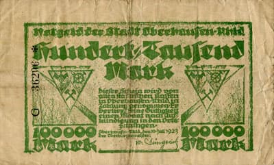Notgeld der Stadt Oberhausen-Rheinland (Nordrhein-Westfalen - Allemagne) - 100&nbsp;000&nbsp;mark - 10&nbsp;juillet&nbsp;1923 - s�rie&nbsp;G - n�&nbsp;36296 - face