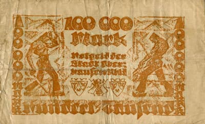 Notgeld der Stadt Oberhausen-Rheinland (Nordrhein-Westfalen - Allemagne) - 100&nbsp;000&nbsp;mark - 10&nbsp;juillet&nbsp;1923 - s�rie&nbsp;G - n�&nbsp;36296 - dos