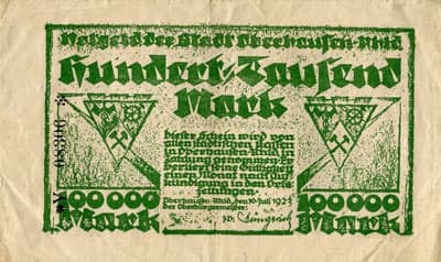 Notgeld der Stadt Oberhausen-Rheinland (Nordrhein-Westfalen - Allemagne) - 100&nbsp;000&nbsp;mark - 10&nbsp;juillet&nbsp;1923 - s�rie&nbsp;Y - n�&nbsp;08306 - face