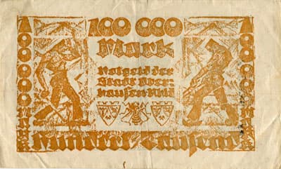 Notgeld der Stadt Oberhausen-Rheinland (Nordrhein-Westfalen - Allemagne) - 100&nbsp;000&nbsp;mark - 10&nbsp;juillet&nbsp;1923 - s�rie&nbsp;Y - n�&nbsp;08306 - dos