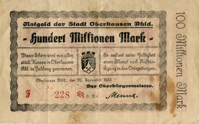 Notgeld der Stadt Oberhausen-Rheinland (Nordrhein-Westfalen - Allemagne) - 100&nbsp;000&nbsp;000&nbsp;mark - 20&nbsp;septembre&nbsp;1923 - s�rie&nbsp;F - n�&nbsp;228 - face