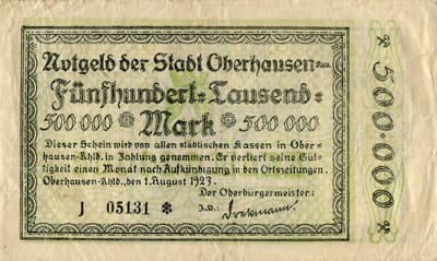 Notgeld der Stadt Oberhausen-Rheinland (Nordrhein-Westfalen - Allemagne) - 500&nbsp;000&nbsp;mark - 1&nbsp;ao�t&nbsp;1923 - s�rie&nbsp;J - n�&nbsp;05131 - face