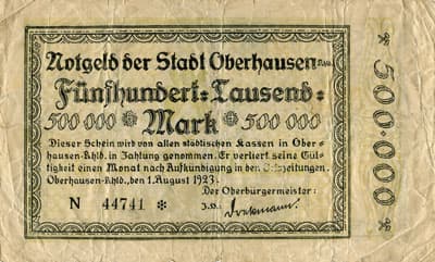 Notgeld der Stadt Oberhausen-Rheinland (Nordrhein-Westfalen - Allemagne) - 500&nbsp;000&nbsp;mark - 1&nbsp;ao�t&nbsp;1923 - s�rie&nbsp;N - n�&nbsp;44741 - face