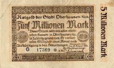Notgeld der Stadt Oberhausen-Rheinland (Nordrhein-Westfalen - Allemagne) - 5&nbsp;000&nbsp;000&nbsp;mark - 10&nbsp;ao�t&nbsp;1923 - s�rie&nbsp;G - n�&nbsp;17369 - face