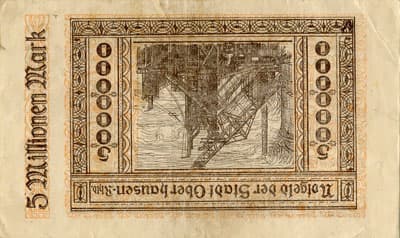 Notgeld der Stadt Oberhausen-Rheinland (Nordrhein-Westfalen - Allemagne) - 5&nbsp;000&nbsp;000&nbsp;mark - 10&nbsp;ao�t&nbsp;1923 - s�rie&nbsp;G - n�&nbsp;17369 - dos