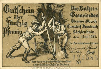 Notgeld Oberwei&szlig;bach Cursdorf Deesbach und Lichtenhain (Th�ringen - Allemagne) - Gutschein 50 pfennige n� 121585 - 1er juillet 1921 - dos