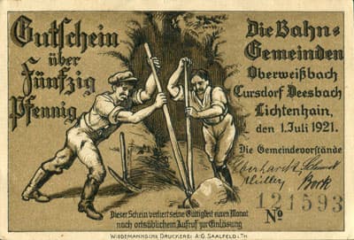 Notgeld Oberwei&szlig;bach Cursdorf Deesbach und Lichtenhain (Th�ringen - Allemagne) - Gutschein 50 pfennige n� 121593 - 1er juillet 1921 - dos