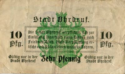 Notgeld der Stadt Ohrdruf (Th�ringen - Allemagne) - 10 pfennige n�&nbsp;24378 - 1&nbsp;mai&nbsp;1917 - cachet "Stadtrat zu Ohrdruf" - dos