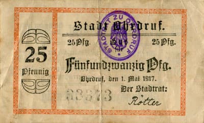 Notgeld der Stadt Ohrdruf (Th�ringen - Allemagne) - 25 pfennige n�&nbsp;33373 - 1&nbsp;mai&nbsp;1917 - cachet "Stadtrat zu Ohrdruf" - face