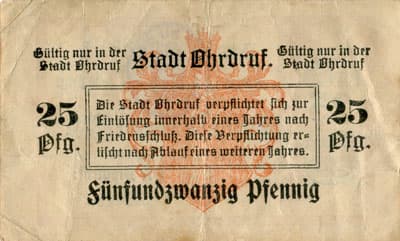 Notgeld der Stadt Ohrdruf (Th�ringen - Allemagne) - 25 pfennige n�&nbsp;33373 - 1&nbsp;mai&nbsp;1917 - cachet "Stadtrat zu Ohrdruf" - dos