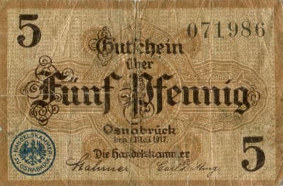 Notgeld Osnabr�ck (Niedersachsen - Allemagne) - 5 pfennige n�&nbsp;071986 - 1&nbsp;mai&nbsp;1917 - face