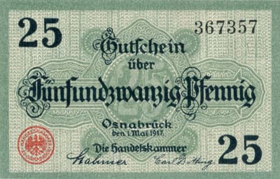 Notgeld Osnabr�ck (Niedersachsen - Allemagne) - 25 pfennige n�&nbsp;367357 - 1&nbsp;mai&nbsp;1917 - face