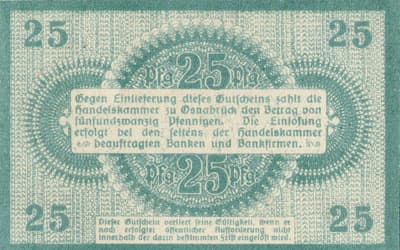 Notgeld Osnabr�ck (Niedersachsen - Allemagne) - 25 pfennige n�&nbsp;367357 - 1&nbsp;mai&nbsp;1917 - dos