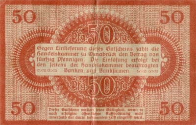 Notgeld Osnabr�ck (Niedersachsen - Allemagne) - 50 pfennige n�&nbsp;1415755 - 1&nbsp;mai&nbsp;1917 - dos