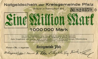 Notgeldschein der Kreisgemeinde Pfalz (Rheinland-Pfalz - Allemagne) - 1&nbsp;000&nbsp;000&nbsp;mark - n�&nbsp;824359 - 11&nbsp;ao�t&nbsp;1923 - face