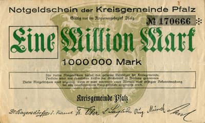 Notgeldschein der Kreisgemeinde Pfalz (Rheinland-Pfalz - Allemagne) - 1&nbsp;000&nbsp;000&nbsp;mark - n�&nbsp;170666 - face
