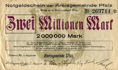 Notgeldschein der Kreisgemeinde Pfalz (Rheinland-Pfalz - Allemagne) - 2&nbsp;000&nbsp;000&nbsp;mark - n�&nbsp;263714 - 11&nbsp;ao�t&nbsp;1923 - face